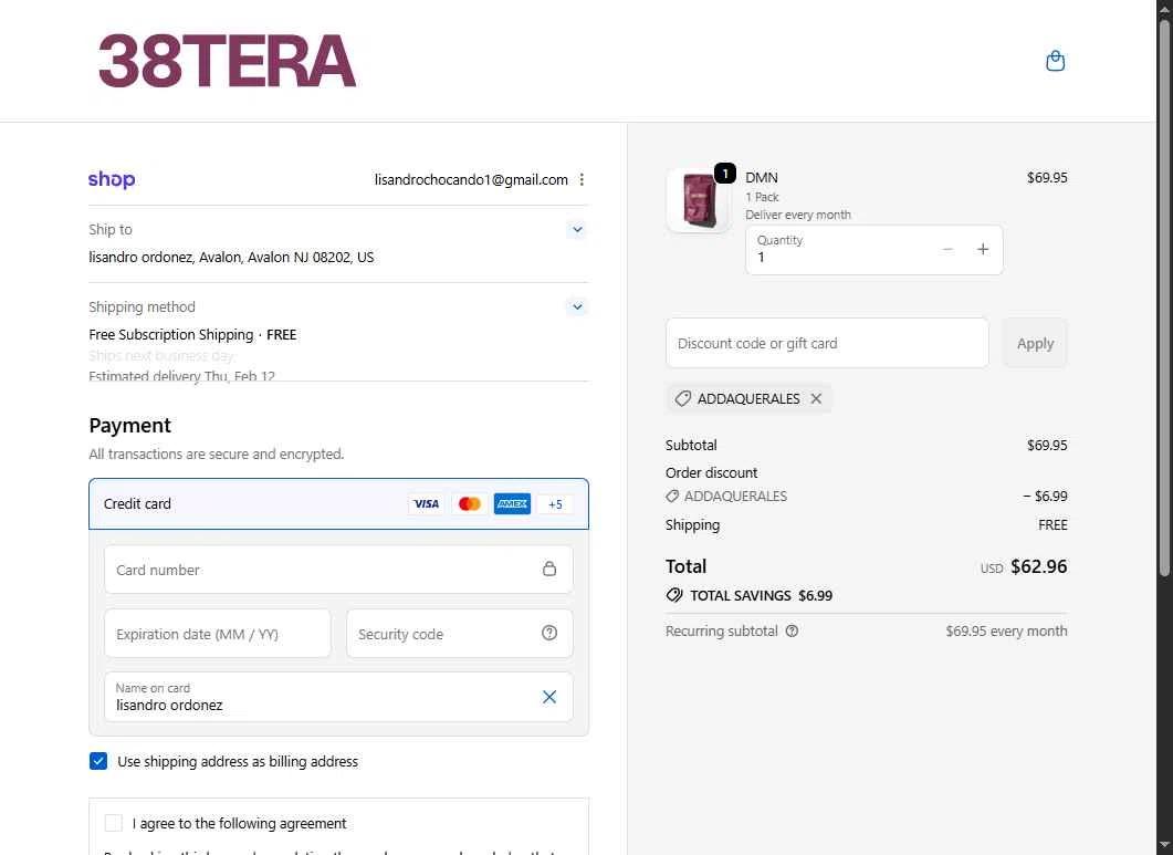 38TERA checkout page showing 38TERA discount code box | Screenshot taken by SimplyCodes community member on Feb 7, 2026
