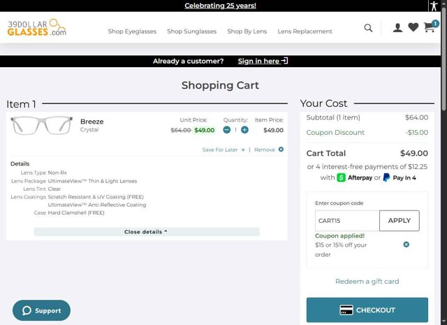 39DollarGlasses.com checkout page showing 39DollarGlasses.com promo code box | Screenshot taken by SimplyCodes community member on Jun 18, 2025