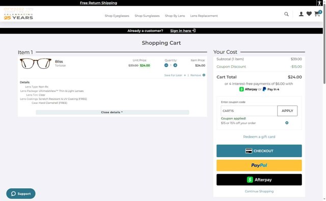 39DollarGlasses.com checkout page showing 39DollarGlasses.com promo code box | Screenshot taken by SimplyCodes community member on Jun 18, 2025