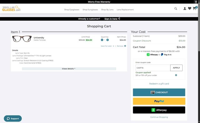 39DollarGlasses.com checkout page showing 39DollarGlasses.com promo code box | Screenshot taken by SimplyCodes community member on Jun 18, 2025