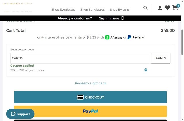 39DollarGlasses.com checkout page showing 39DollarGlasses.com promo code box | Screenshot taken by SimplyCodes community member on Jun 18, 2025