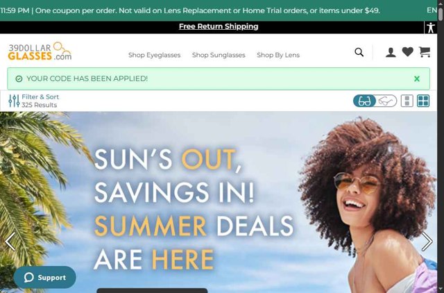 39DollarGlasses.com checkout page showing 39DollarGlasses.com promo code box | Screenshot taken by SimplyCodes community member on Jul 16, 2025