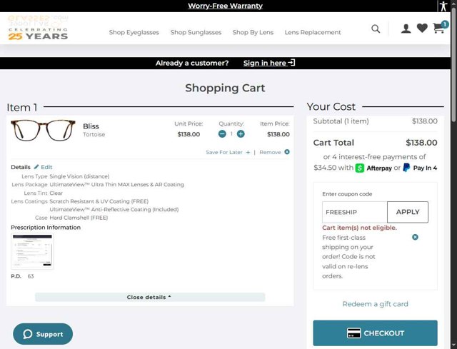 39DollarGlasses.com checkout page showing 39DollarGlasses.com promo code box | Screenshot taken by SimplyCodes community member on Jul 7, 2025