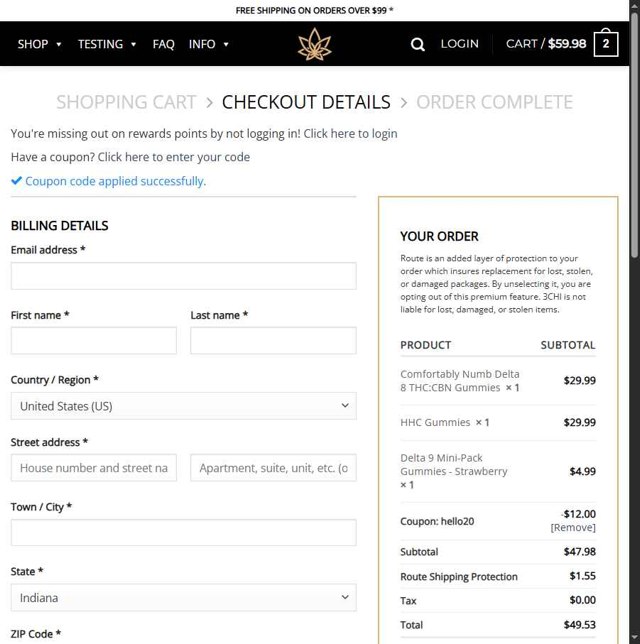 3Chi checkout page showing 3Chi coupon code box | Screenshot taken by SimplyCodes community member on Aug 9, 2025