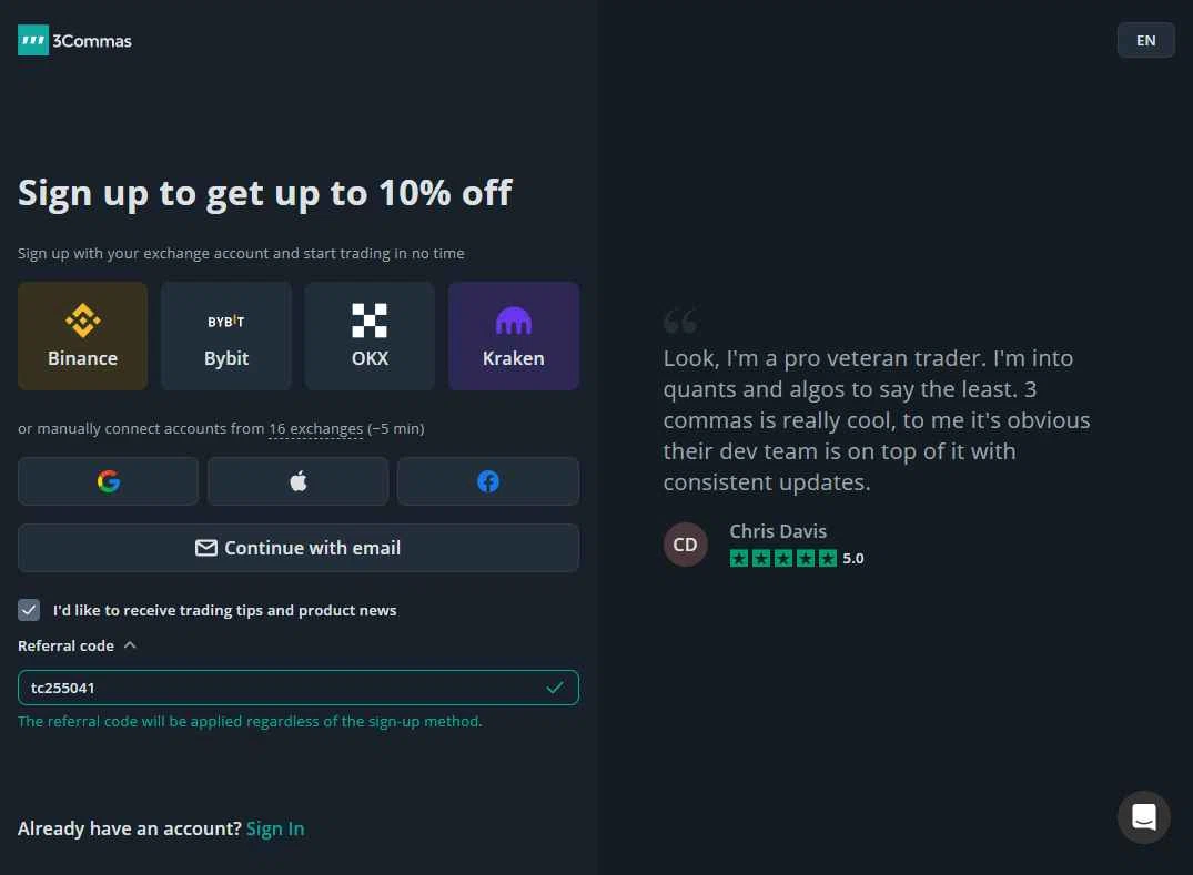 3Commas checkout page showing 3Commas promo code box | Screenshot taken by SimplyCodes community member on Dec 14, 2025