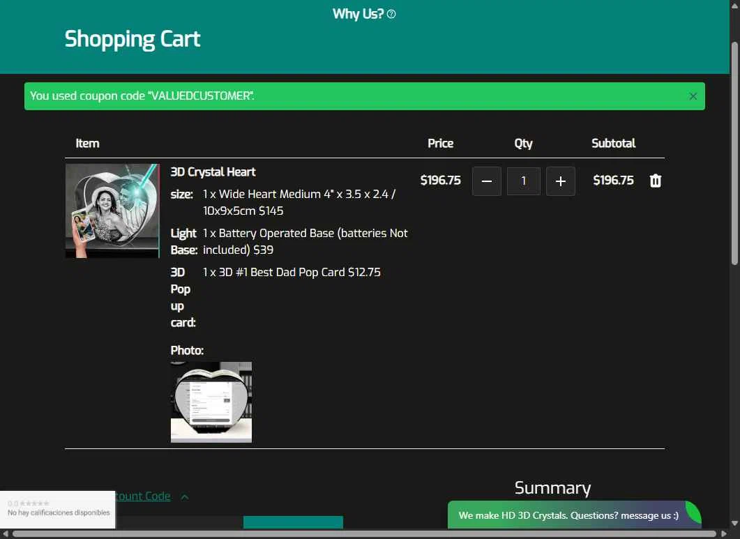 3D Crystal checkout page showing 3D Crystal discount code box | Screenshot taken by SimplyCodes community member on Jul 11, 2025