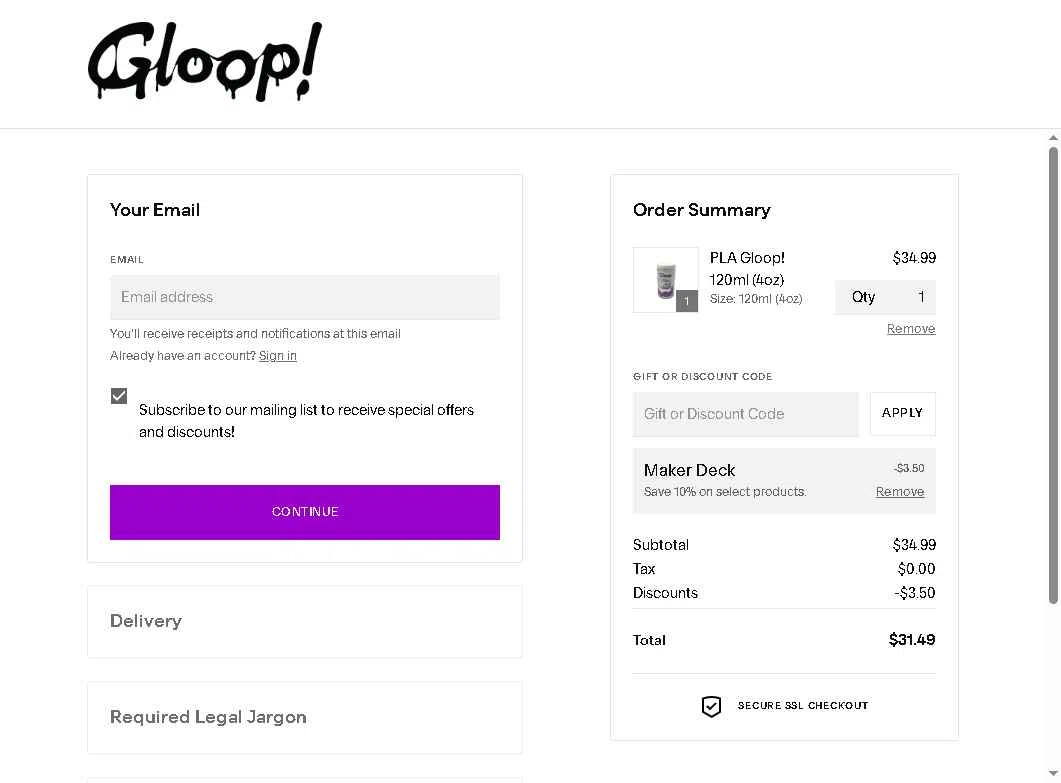 3D Gloop! checkout page showing 3D Gloop! discount code box | Screenshot taken by SimplyCodes community member on Dec 20, 2025