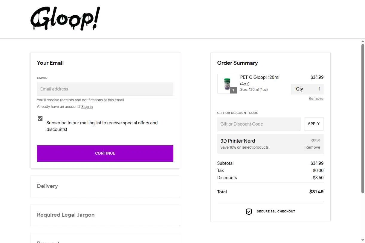 3D Gloop! checkout page showing 3D Gloop! discount code box | Screenshot taken by SimplyCodes community member on Dec 20, 2025