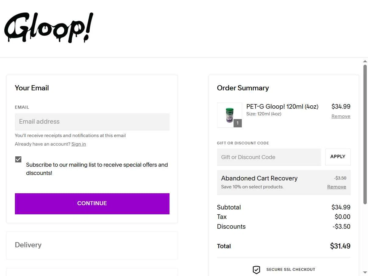 3D Gloop! checkout page showing 3D Gloop! discount code box | Screenshot taken by SimplyCodes community member on Jan 21, 2026