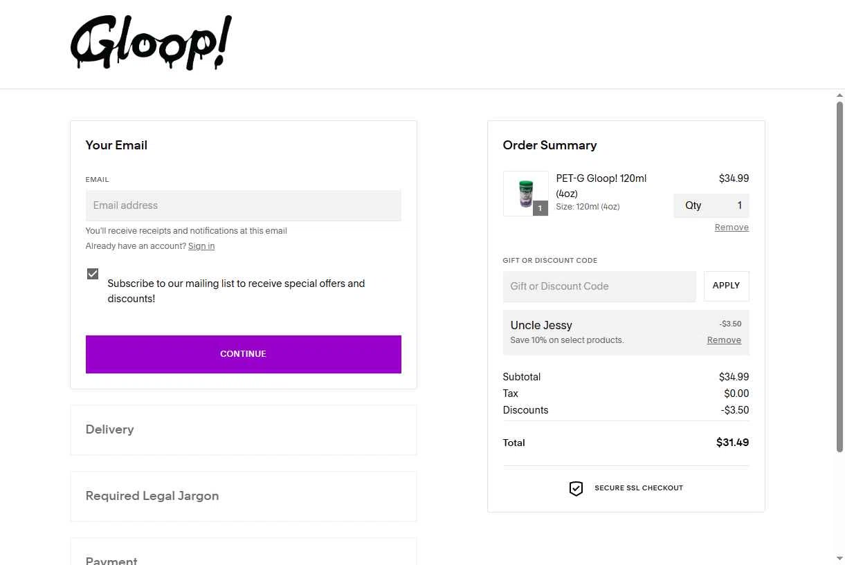 3D Gloop! checkout page showing 3D Gloop! discount code box | Screenshot taken by SimplyCodes community member on Dec 20, 2025