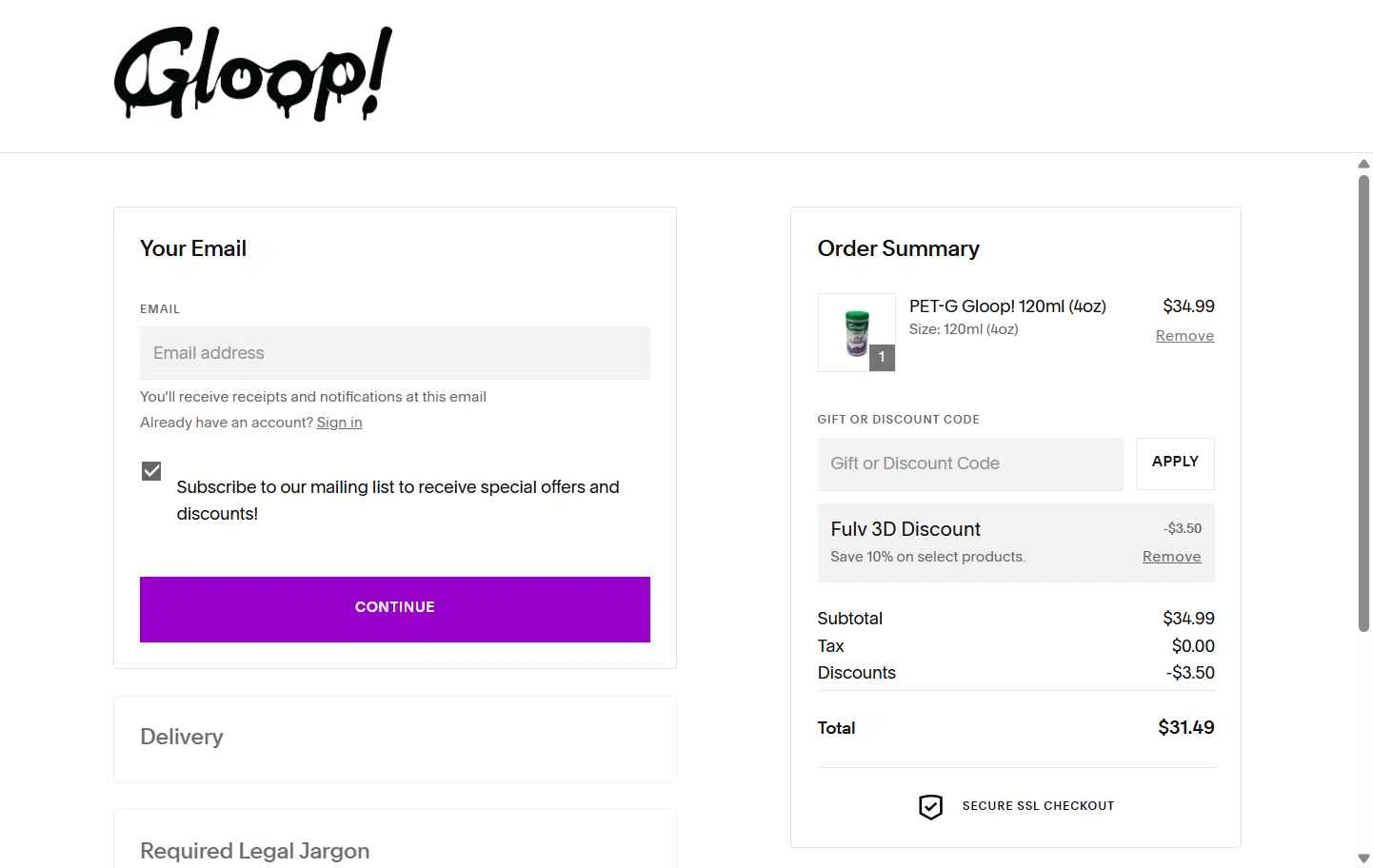 3D Gloop! checkout page showing 3D Gloop! discount code box | Screenshot taken by SimplyCodes community member on Jan 18, 2026
