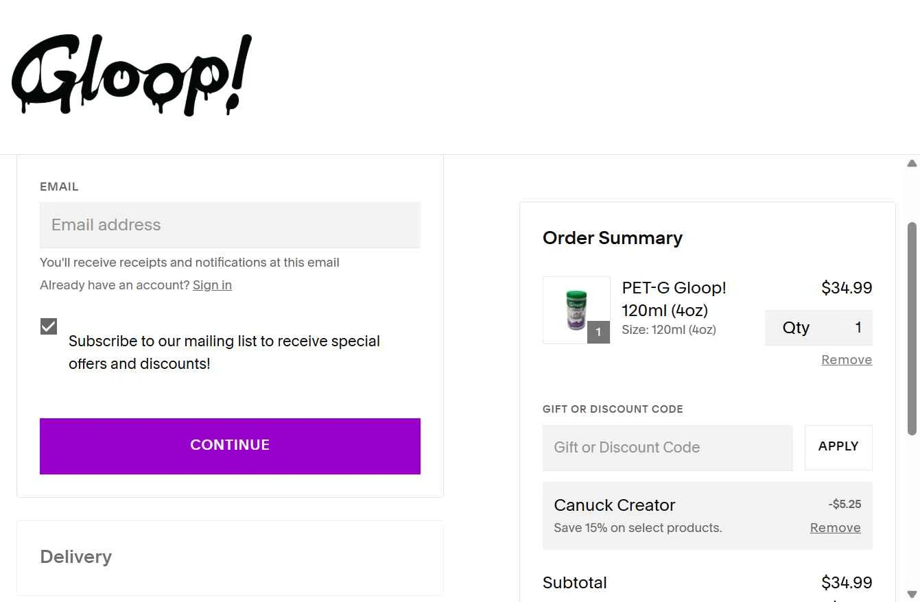 3D Gloop! checkout page showing 3D Gloop! discount code box | Screenshot taken by SimplyCodes community member on Dec 20, 2025