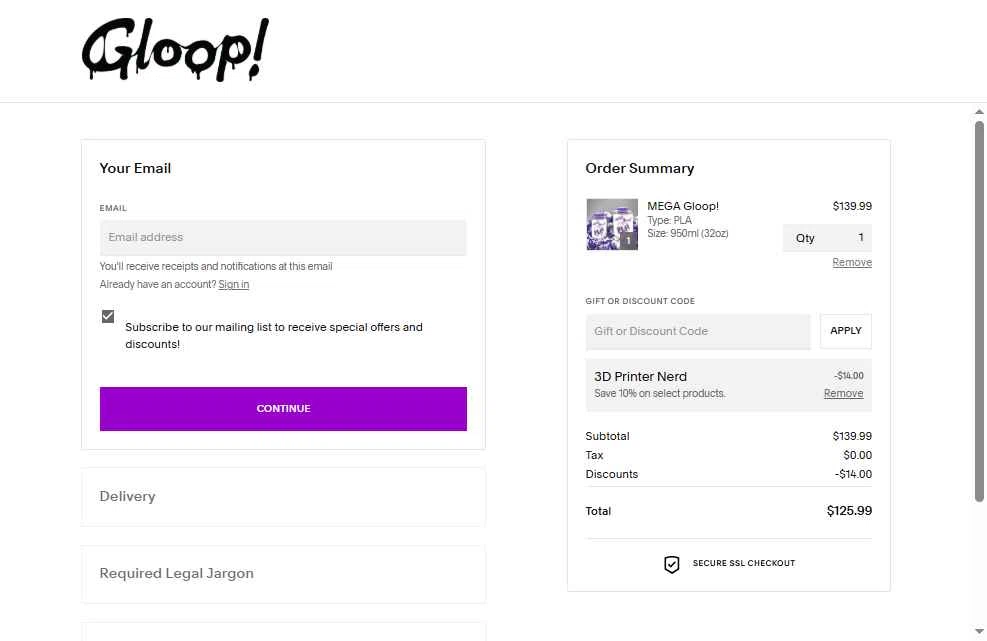 3D Gloop! checkout page showing 3D Gloop! discount code box | Screenshot taken by SimplyCodes community member on Jan 18, 2026