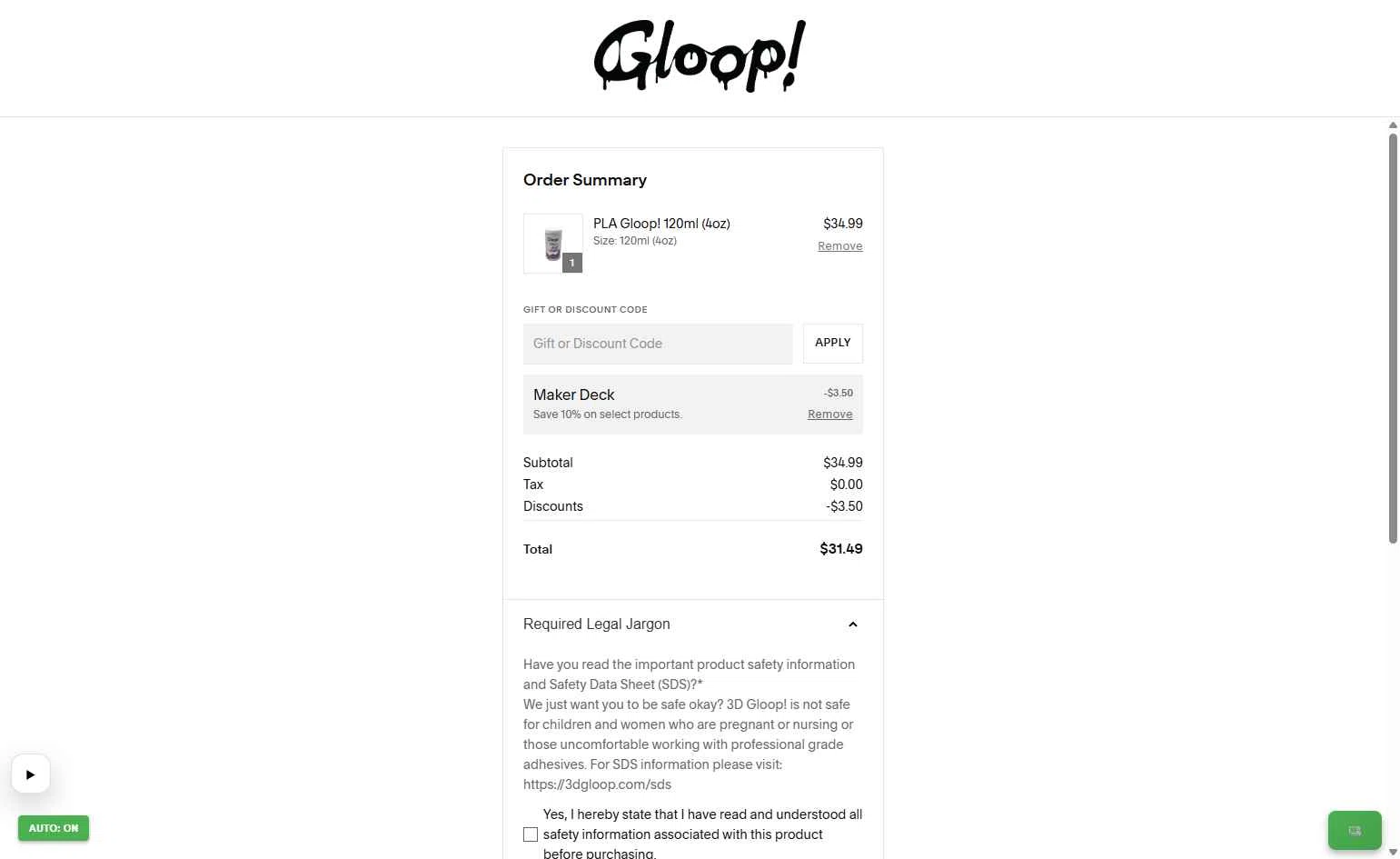 3D Gloop! checkout page showing 3D Gloop! discount code box | Screenshot taken by SimplyCodes community member on Jan 18, 2026