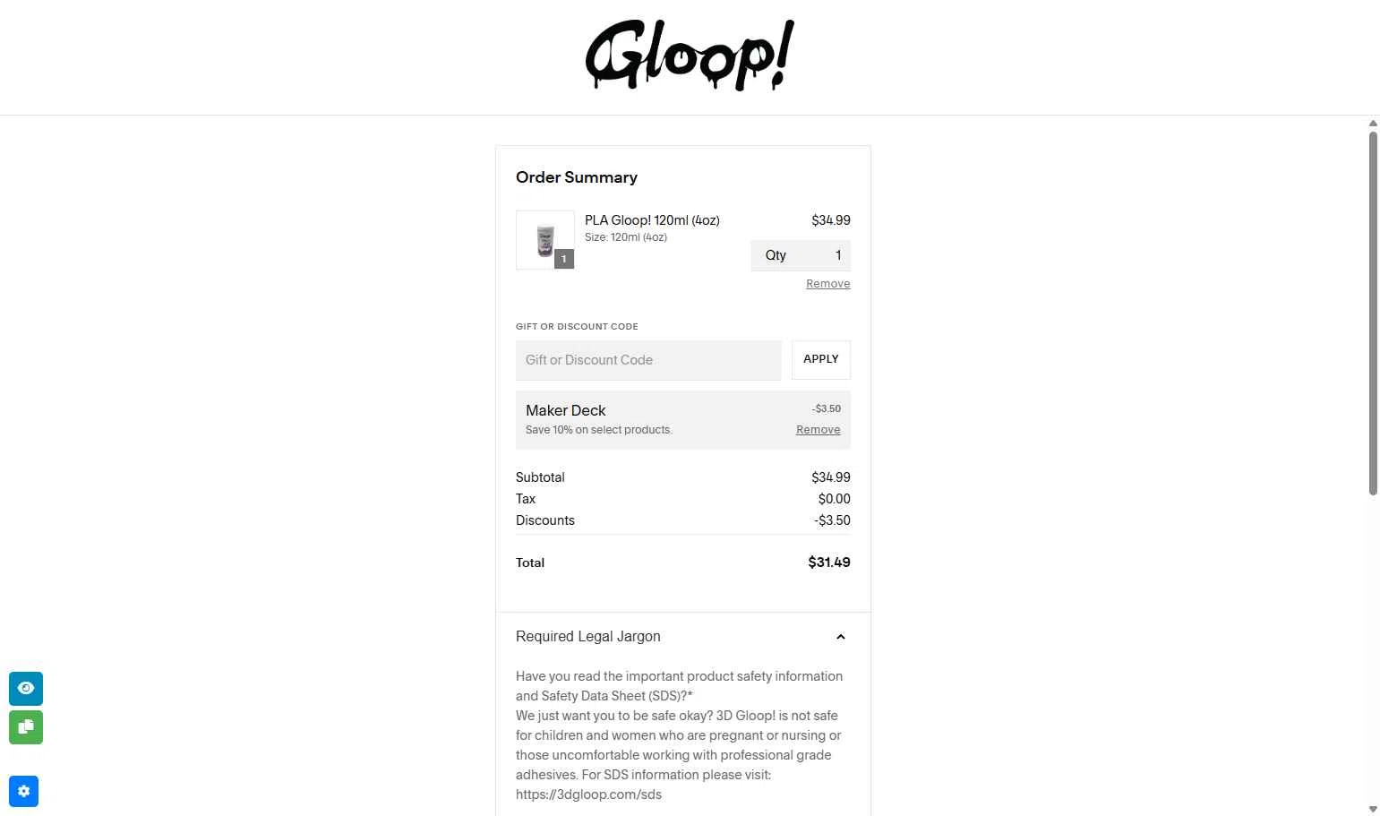 3D Gloop! checkout page showing 3D Gloop! discount code box | Screenshot taken by SimplyCodes community member on Nov 21, 2025