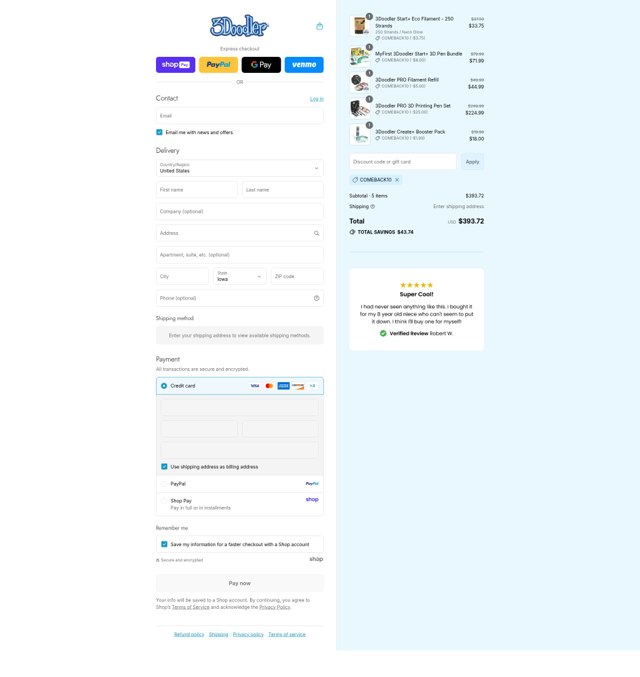 3Doodler checkout page showing 3Doodler discount code box | Screenshot taken by SimplyCodes community member on Aug 20, 2025