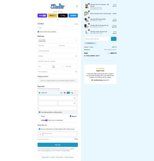 3Doodler checkout page showing 3Doodler discount code box | Screenshot taken by SimplyCodes community member on Aug 11, 2025