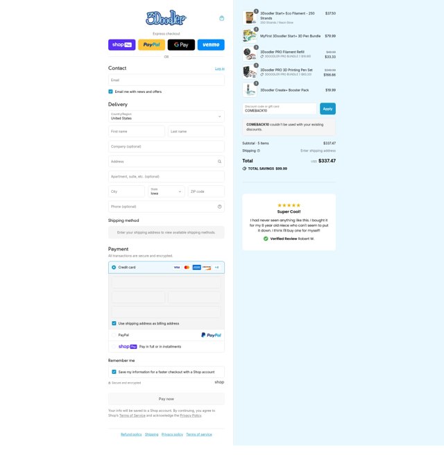 3Doodler checkout page showing 3Doodler discount code box | Screenshot taken by SimplyCodes community member on Jul 30, 2025
