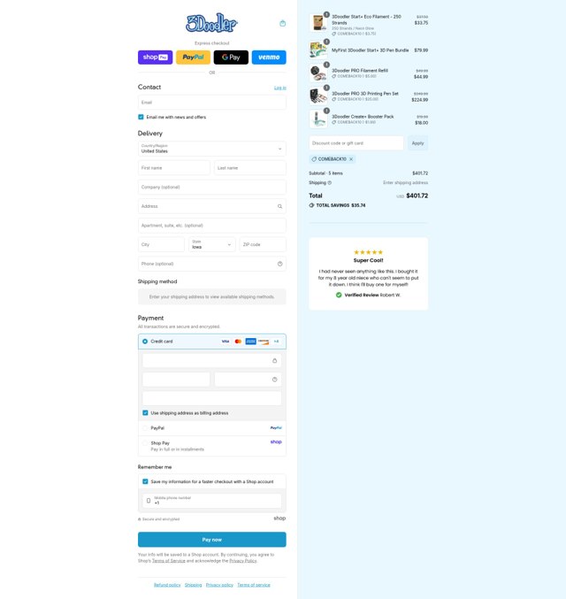 3Doodler checkout page showing 3Doodler discount code box | Screenshot taken by SimplyCodes community member on Aug 15, 2025