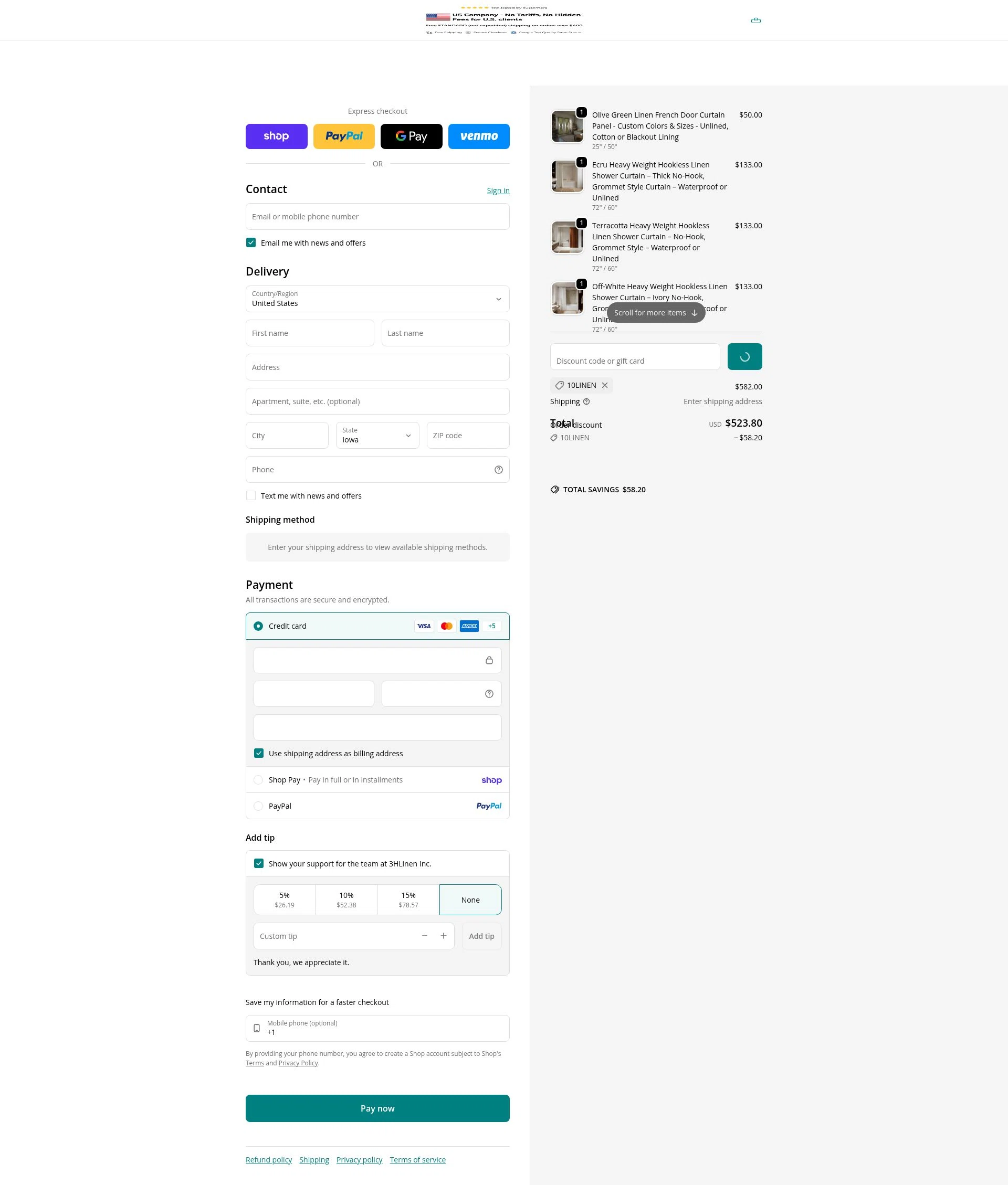 3HLinen checkout page showing 3HLinen discount code box | Screenshot taken by SimplyCodes community member on Feb 7, 2026