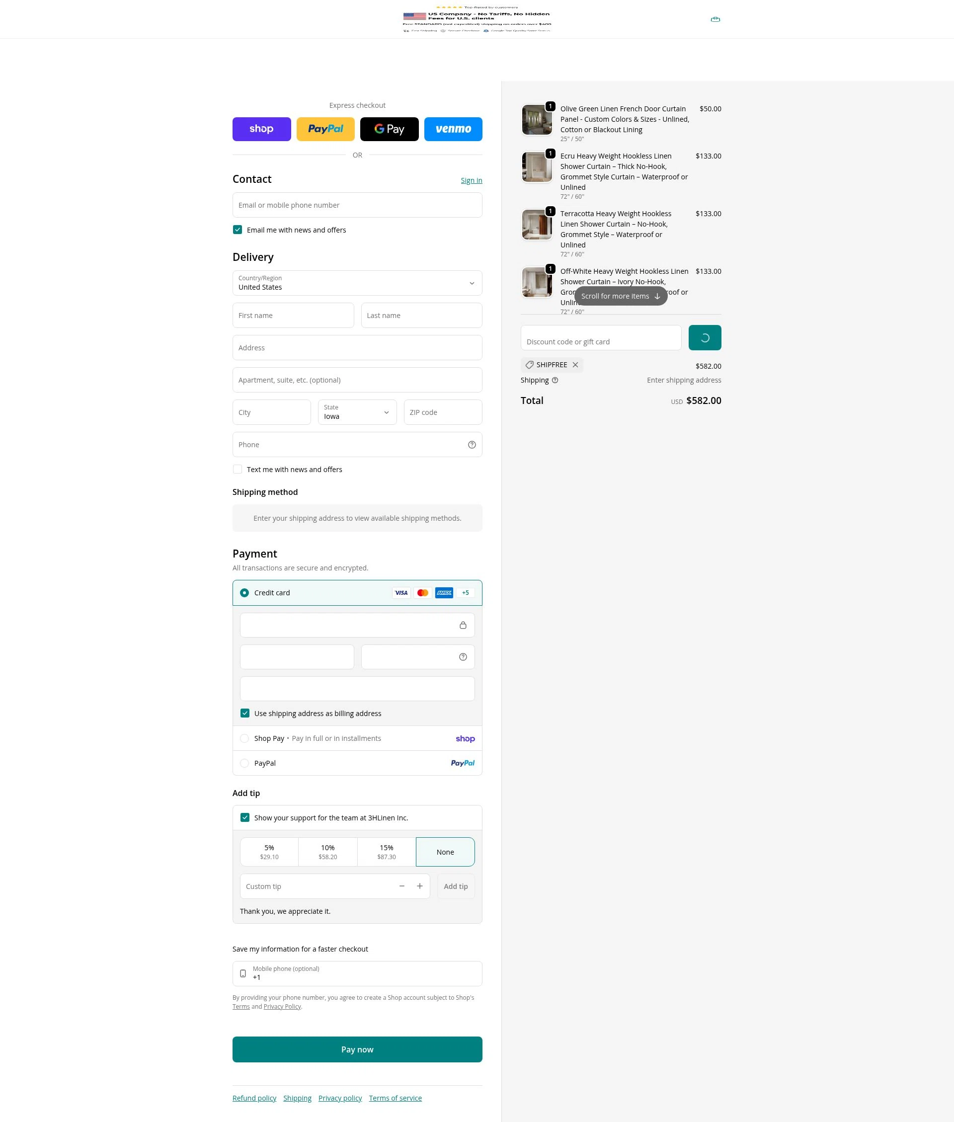 3HLinen checkout page showing 3HLinen discount code box | Screenshot taken by SimplyCodes community member on Feb 7, 2026