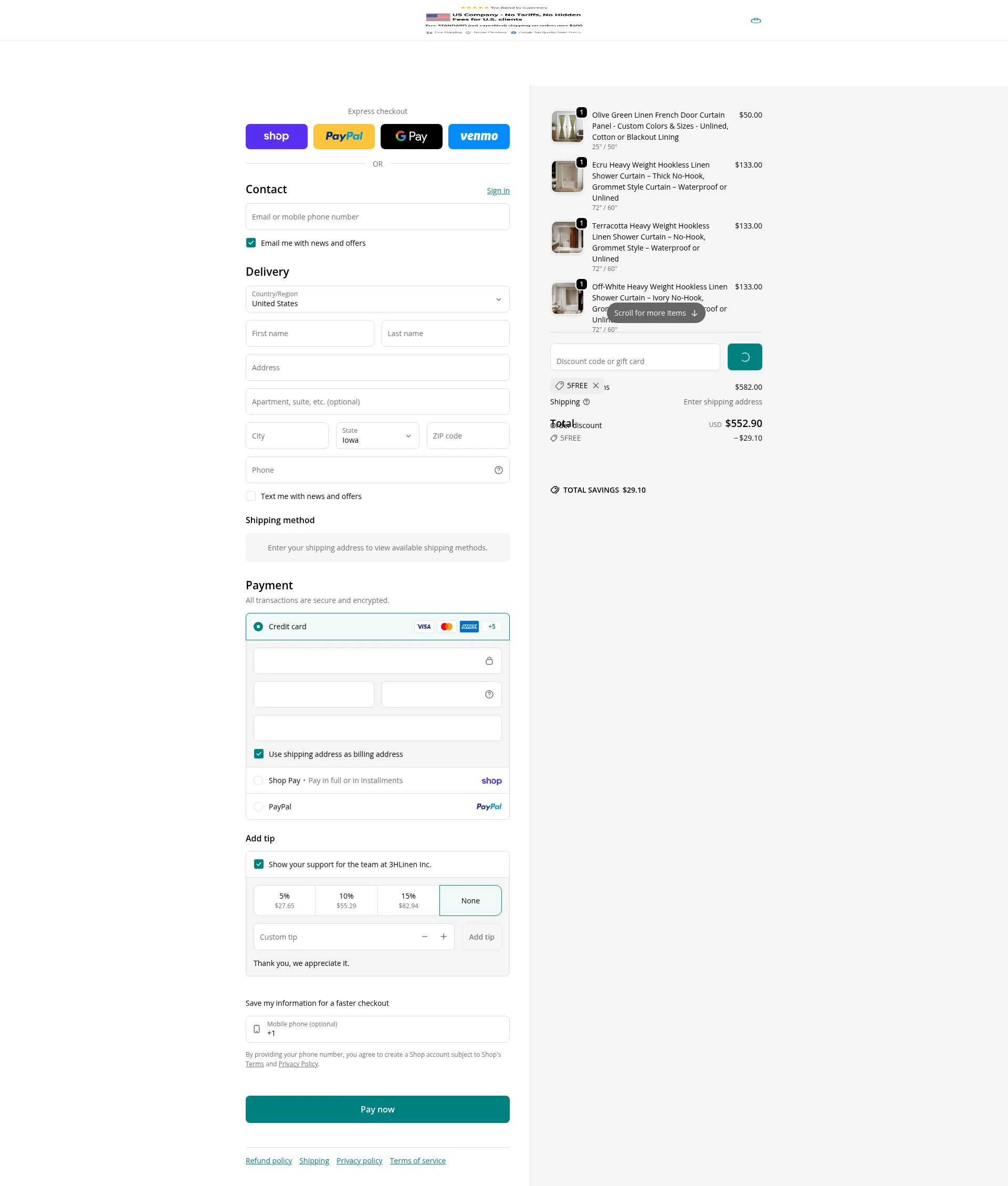 3HLinen checkout page showing 3HLinen discount code box | Screenshot taken by SimplyCodes community member on Feb 2, 2026