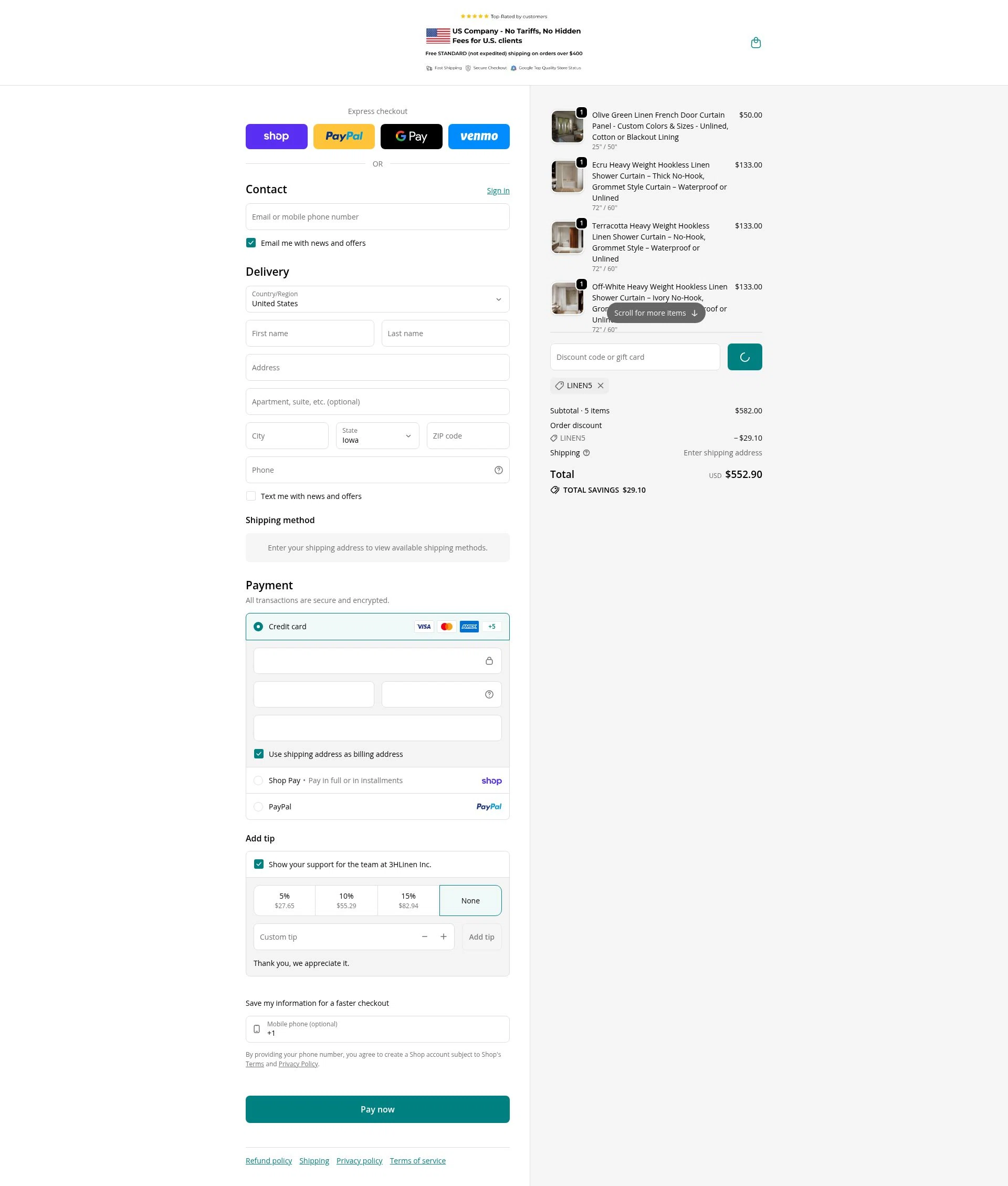 3HLinen checkout page showing 3HLinen discount code box | Screenshot taken by SimplyCodes community member on Feb 7, 2026
