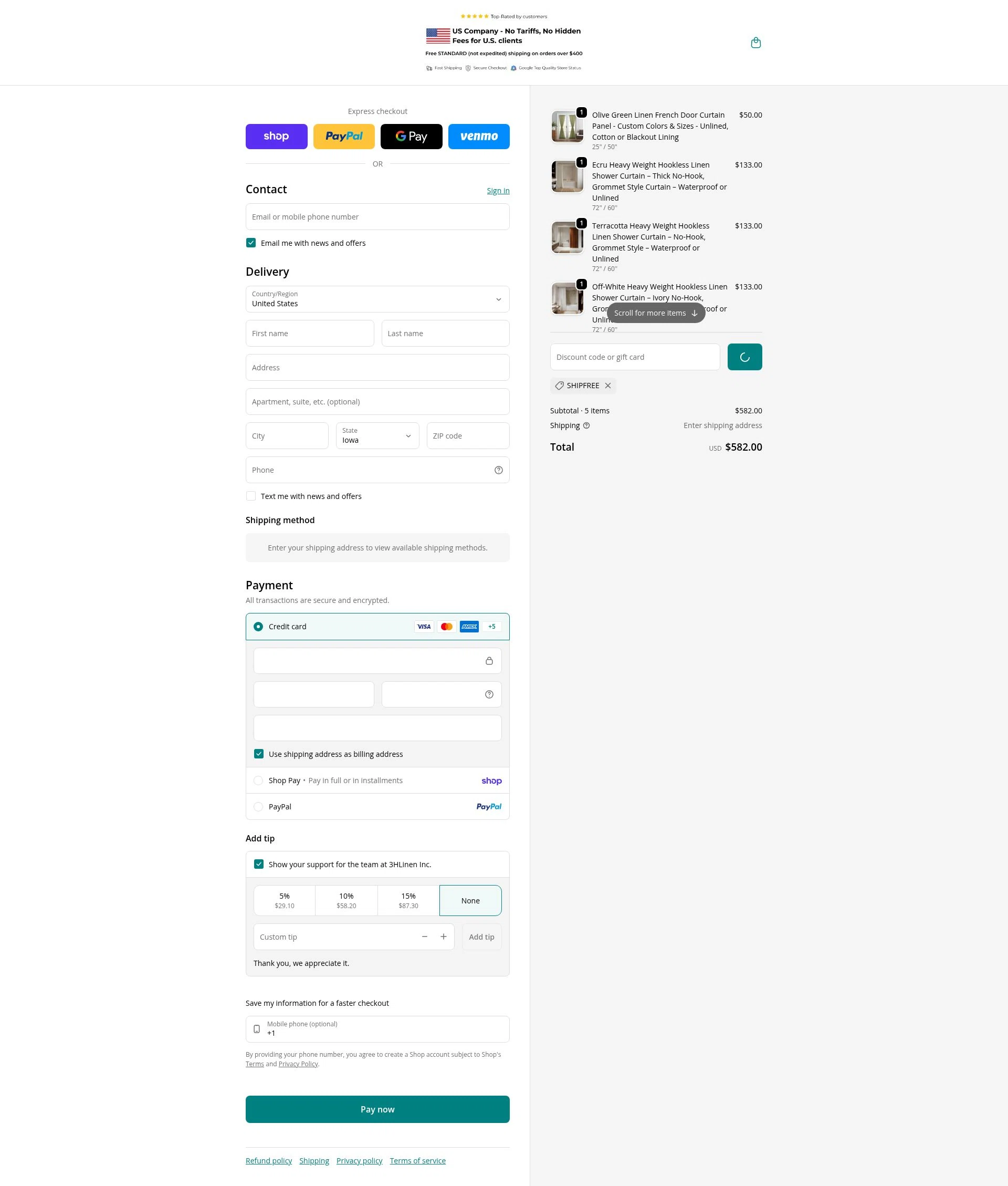 3HLinen checkout page showing 3HLinen discount code box | Screenshot taken by SimplyCodes community member on Feb 2, 2026