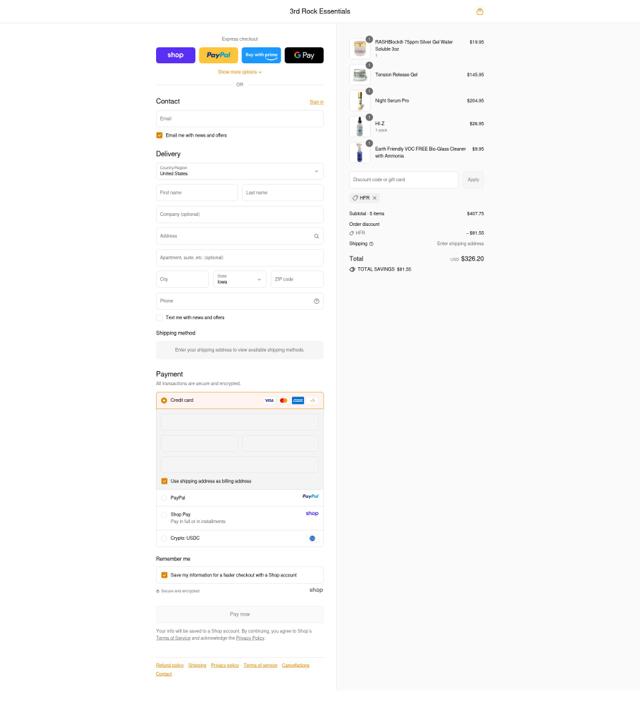3rd Rock Essentials checkout page showing 3rd Rock Essentials promo code box | Screenshot taken by SimplyCodes community member on Sep 13, 2025