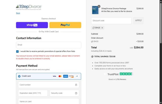 3 Step Divorce checkout page showing 3 Step Divorce discount code box | Screenshot taken by SimplyCodes community member on Jun 27, 2025