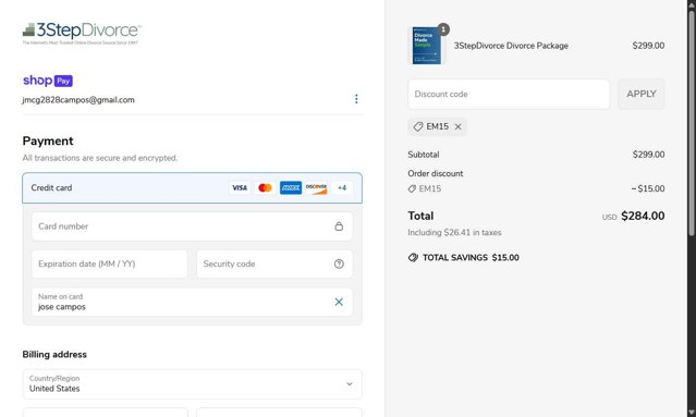 3 Step Divorce checkout page showing 3 Step Divorce discount code box | Screenshot taken by SimplyCodes community member on May 5, 2025