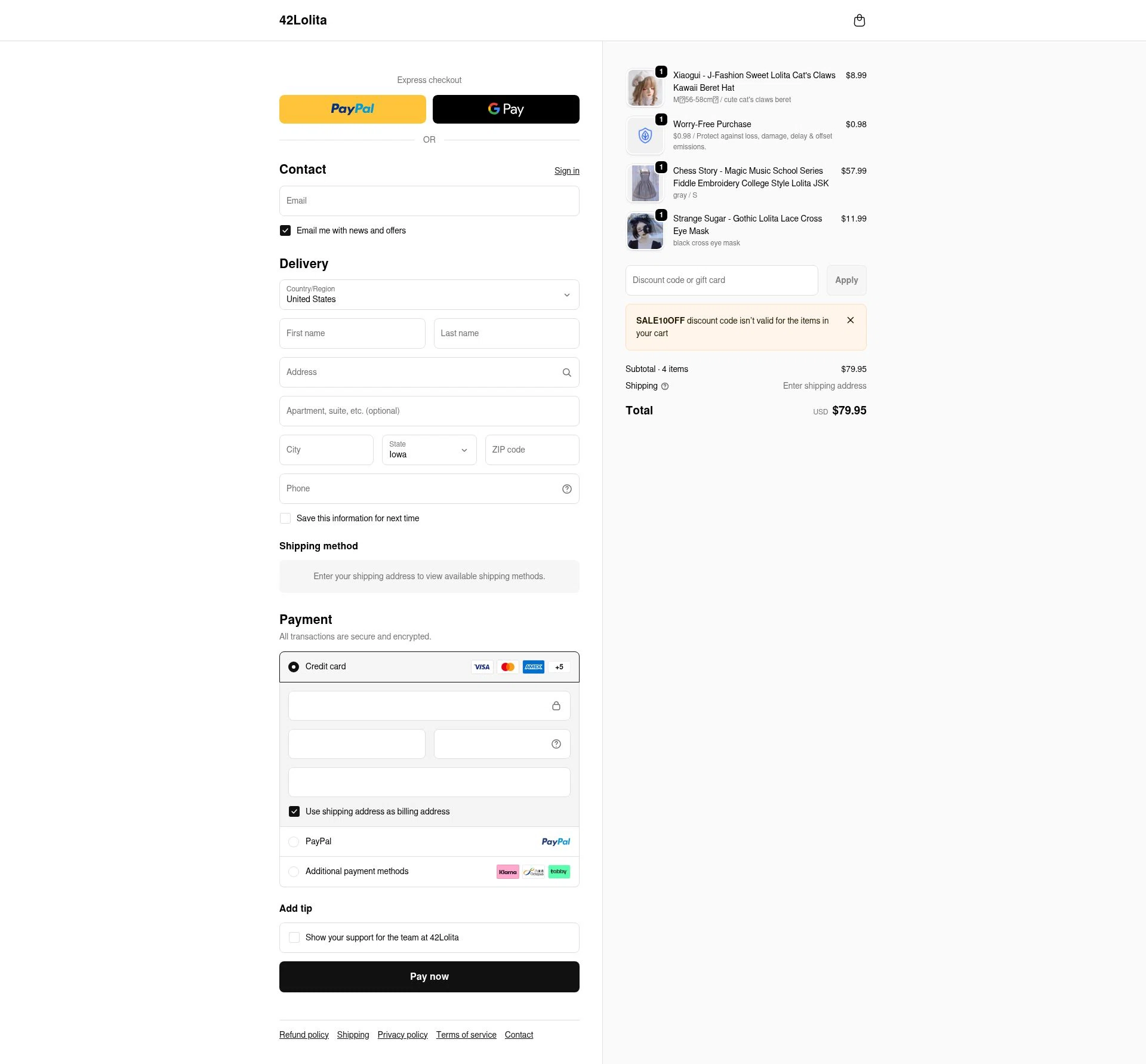 42Lolita checkout page showing 42Lolita discount code box | Screenshot taken by SimplyCodes community member on Jan 1, 2026