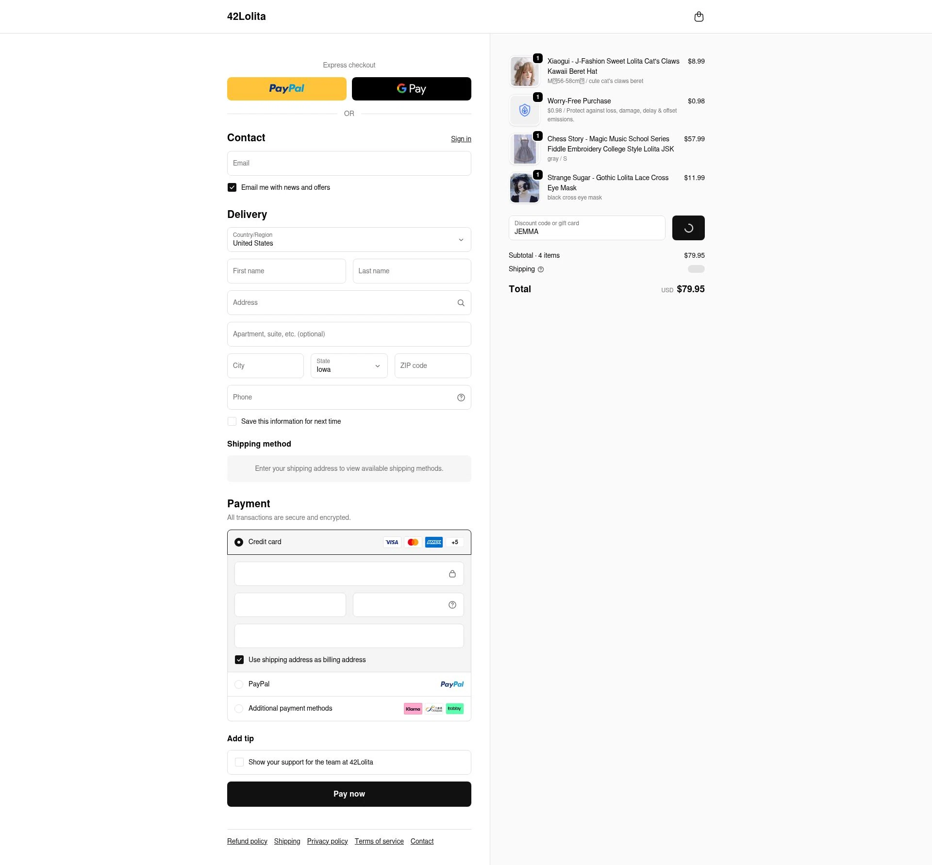 42Lolita checkout page showing 42Lolita discount code box | Screenshot taken by SimplyCodes community member on Jan 1, 2026
