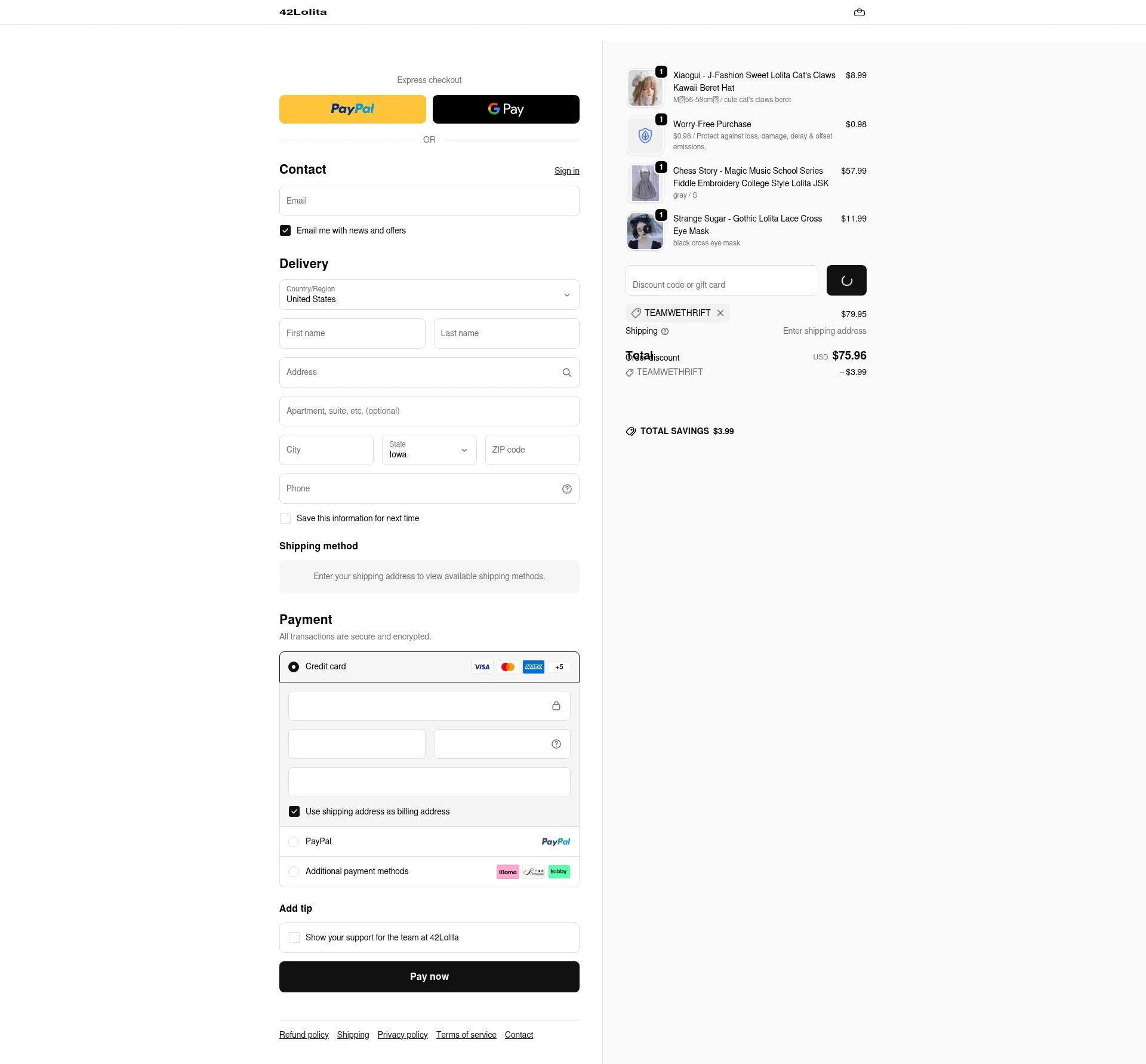 42Lolita checkout page showing 42Lolita discount code box | Screenshot taken by SimplyCodes community member on Jan 1, 2026