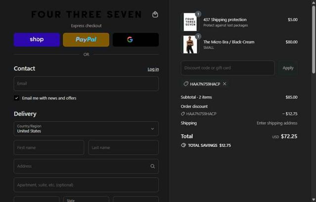 437 checkout page showing 437 discount code box | Screenshot taken by SimplyCodes community member on Sep 4, 2025