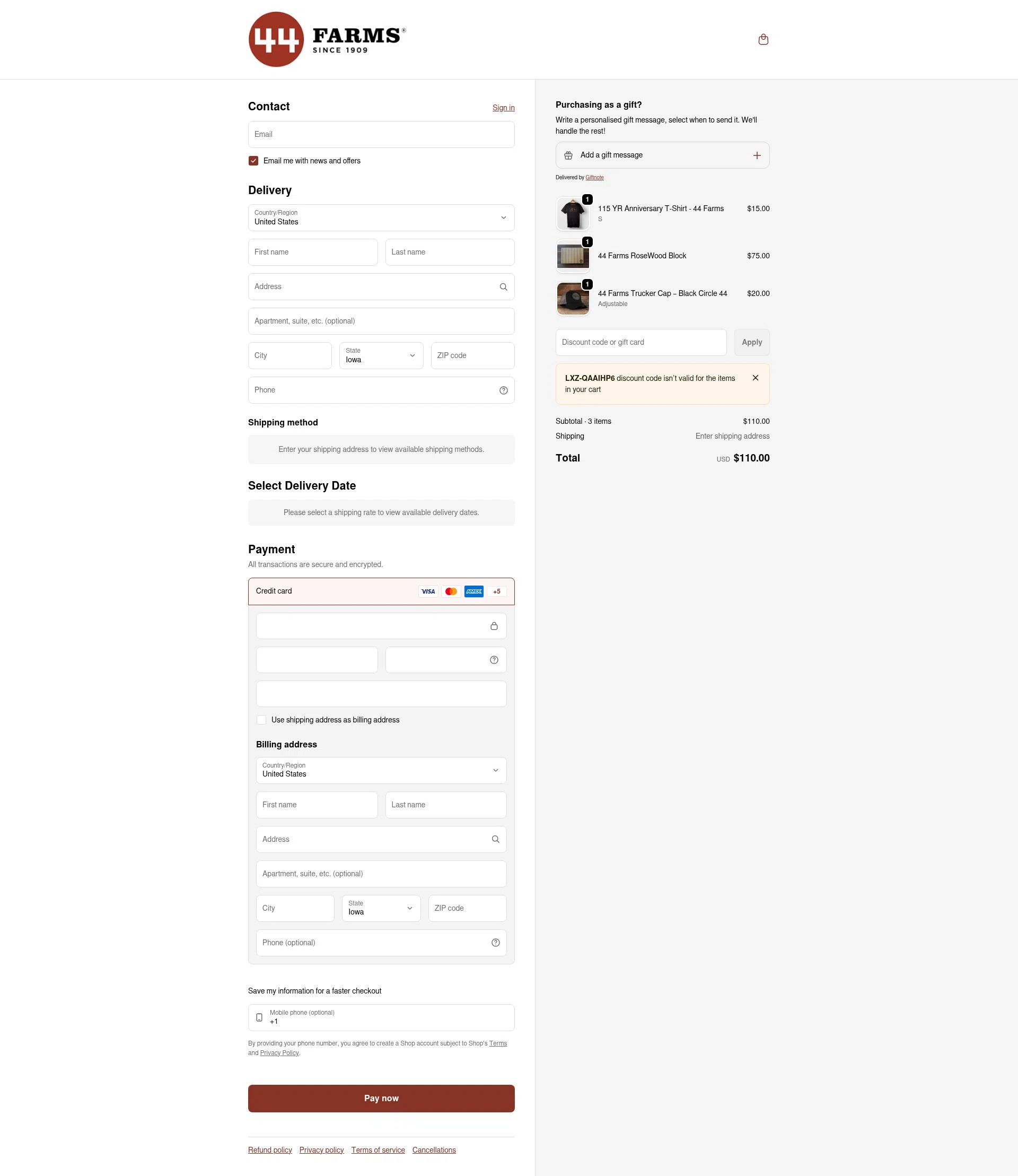 44 Steaks checkout page showing 44 Steaks discount code box | Screenshot taken by SimplyCodes community member on Feb 6, 2026