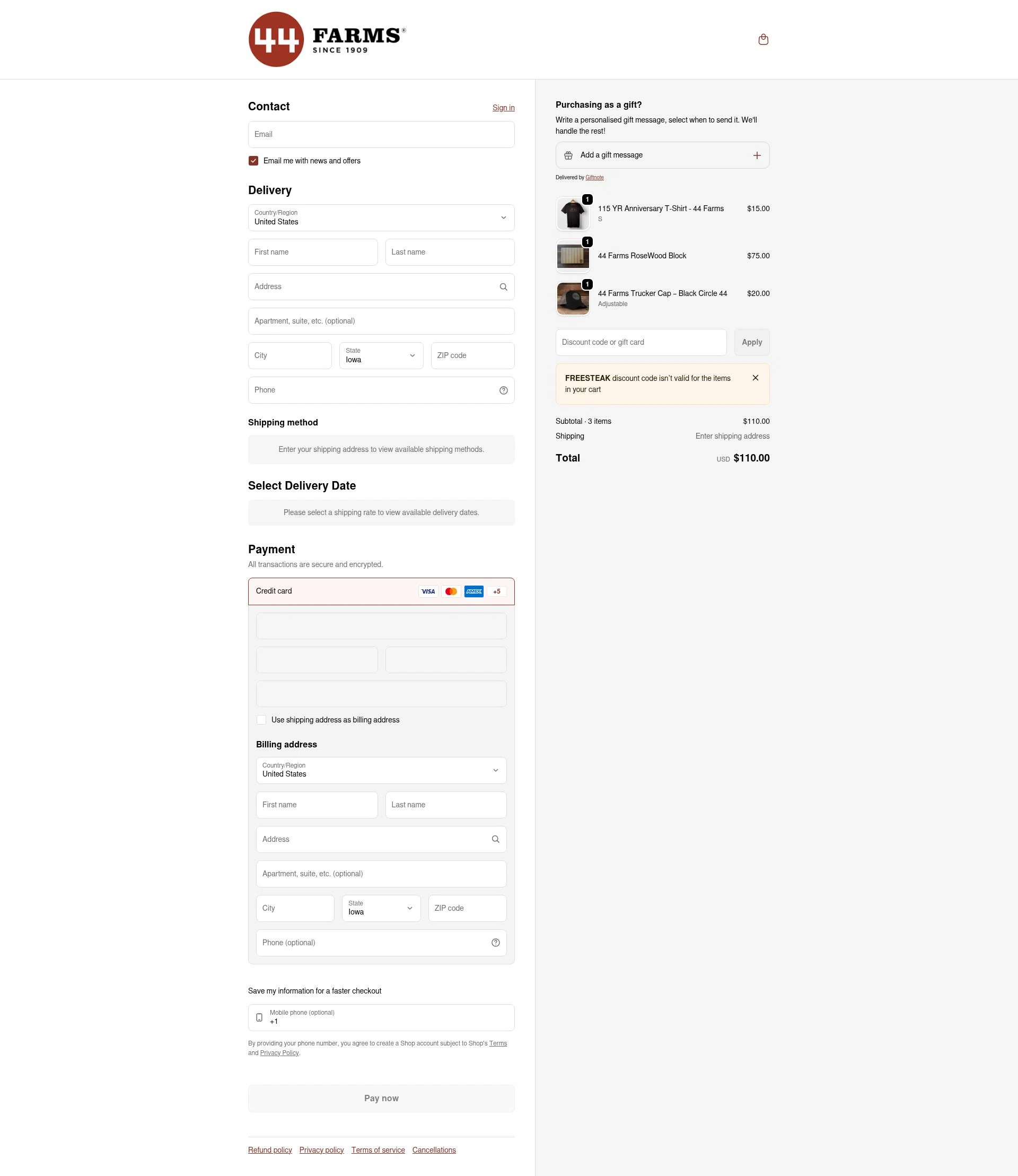 44 Steaks checkout page showing 44 Steaks discount code box | Screenshot taken by SimplyCodes community member on Feb 1, 2026