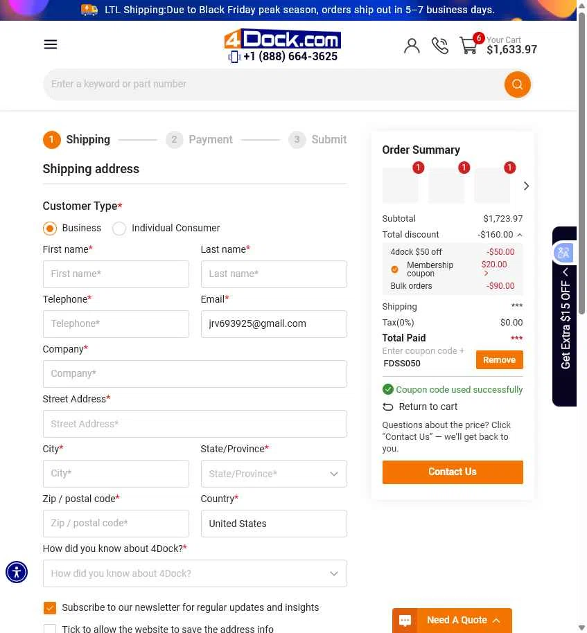 4Dock checkout page showing 4Dock promo code box | Screenshot taken by SimplyCodes community member on Dec 2, 2025