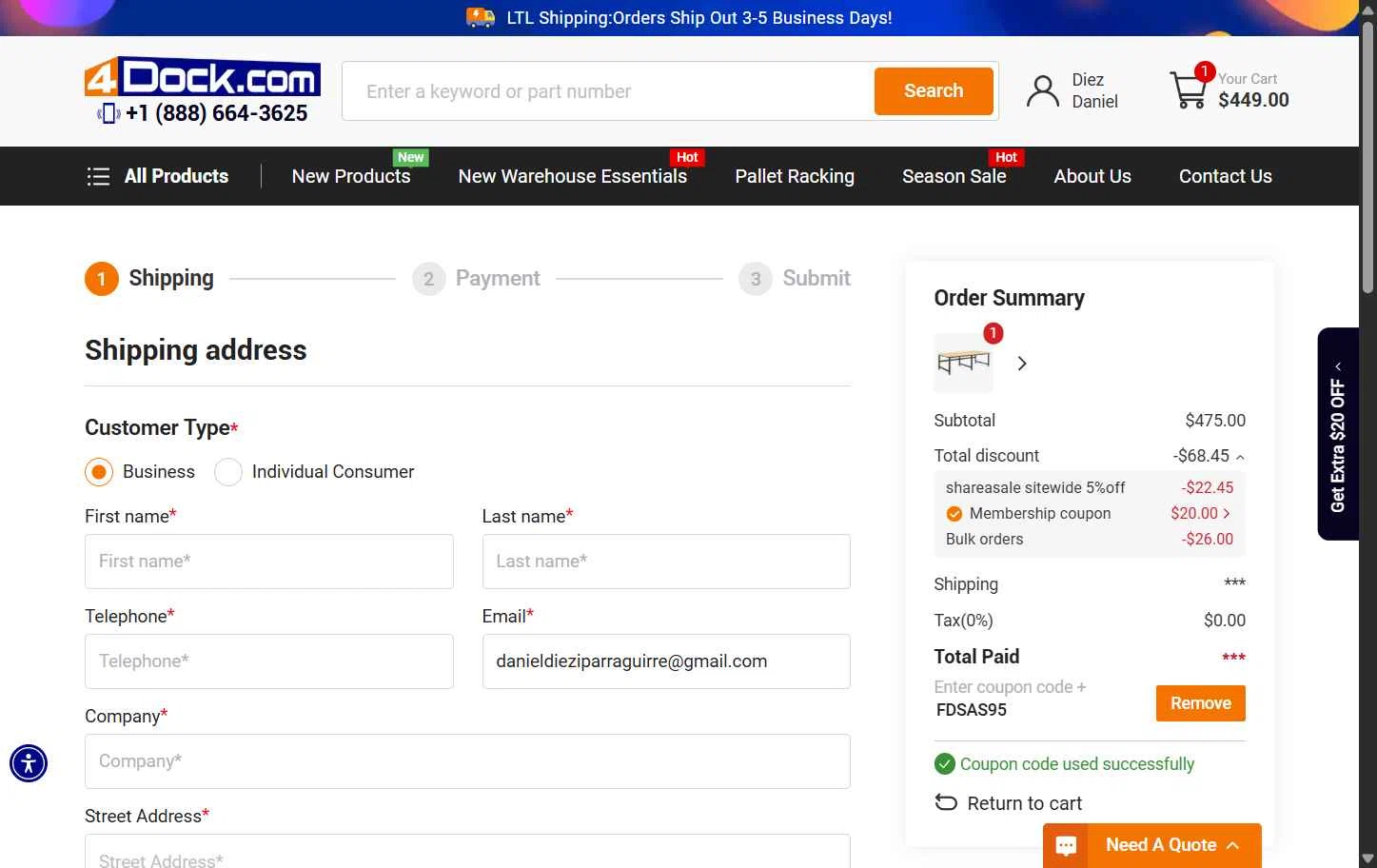 4Dock checkout page showing 4Dock promo code box | Screenshot taken by SimplyCodes community member on Oct 21, 2025