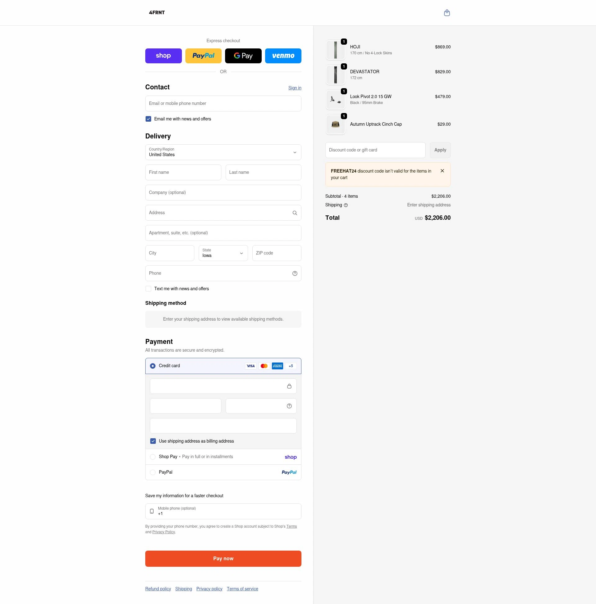 4FRNT checkout page showing 4FRNT discount code box | Screenshot taken by SimplyCodes community member on Feb 9, 2026
