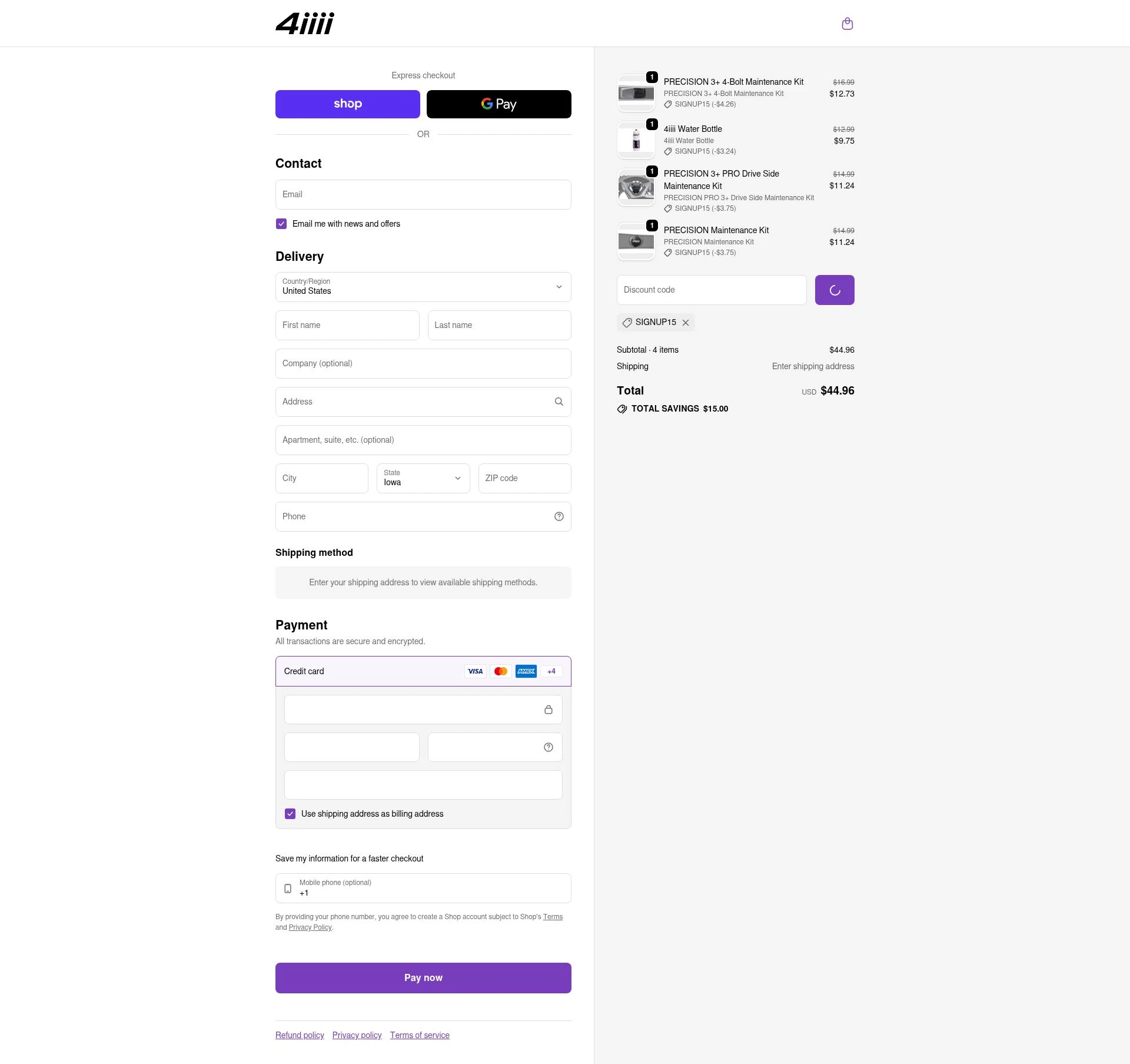 4iiii checkout page showing 4iiii discount code box | Screenshot taken by SimplyCodes community member on Feb 17, 2026