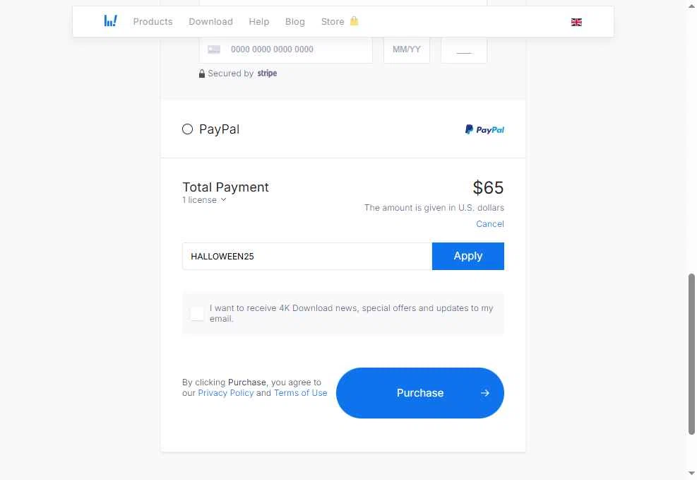 4K Download checkout page showing 4K Download coupon code box | Screenshot taken by SimplyCodes community member on Dec 8, 2025