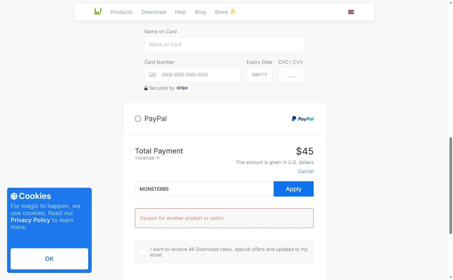 4K Download checkout page showing 4K Download coupon code box | Screenshot taken by SimplyCodes community member on Jan 9, 2026