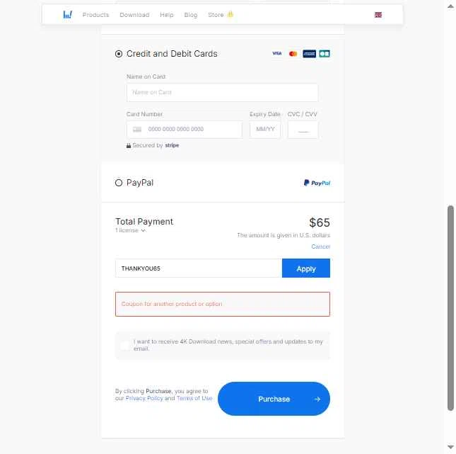 4K Download checkout page showing 4K Download coupon code box | Screenshot taken by SimplyCodes community member on Dec 5, 2025