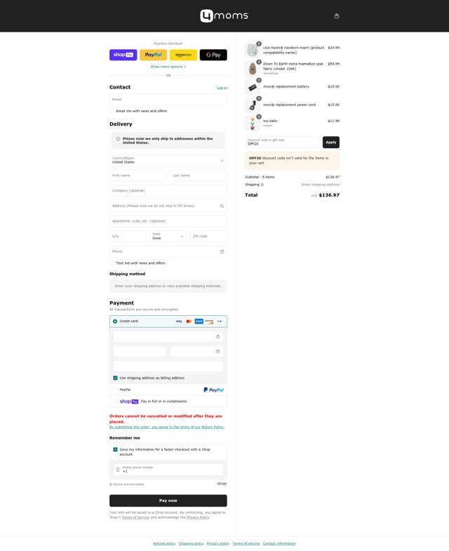 4moms checkout page showing 4moms discount code box | Screenshot taken by SimplyCodes community member on Jul 13, 2025