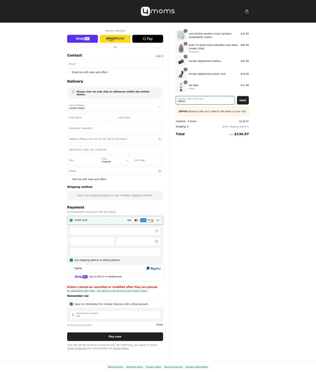 4moms checkout page showing 4moms discount code box | Screenshot taken by SimplyCodes community member on Jun 21, 2025