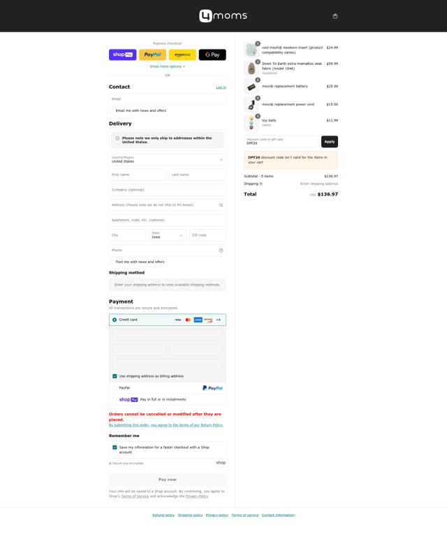 4moms checkout page showing 4moms discount code box | Screenshot taken by SimplyCodes community member on Jul 18, 2025