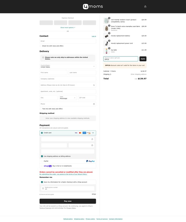 4moms checkout page showing 4moms discount code box | Screenshot taken by SimplyCodes community member on Jun 18, 2025