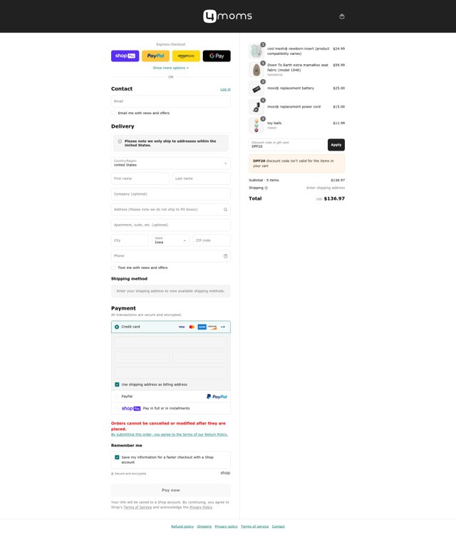 4moms checkout page showing 4moms discount code box | Screenshot taken by SimplyCodes community member on Jul 26, 2025