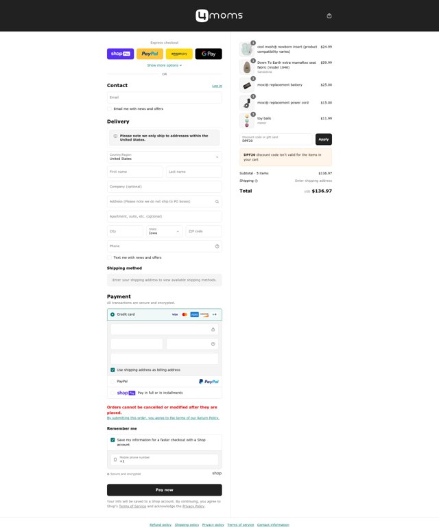 4moms checkout page showing 4moms discount code box | Screenshot taken by SimplyCodes community member on Jul 22, 2025